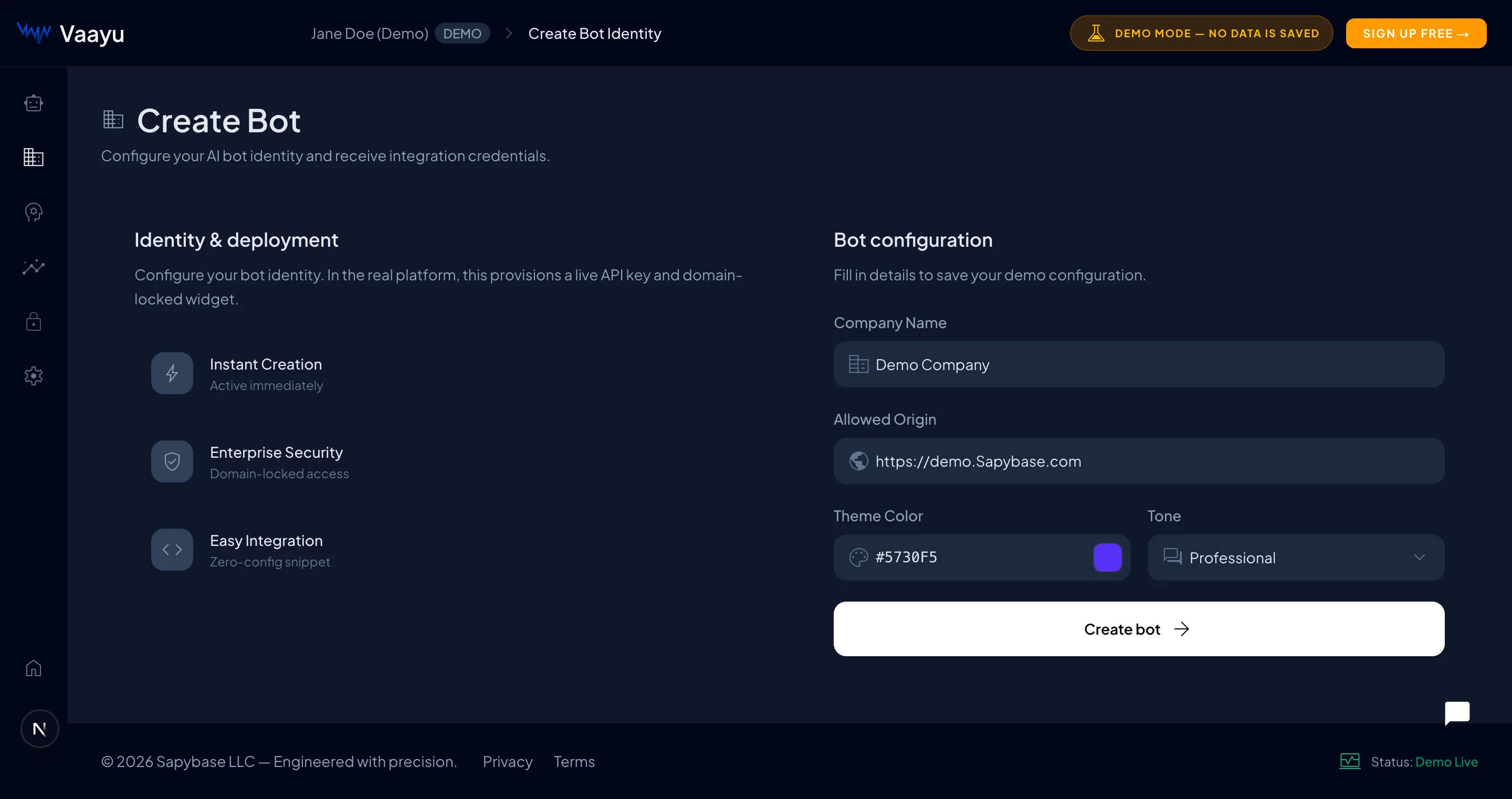 The Create Bot screen with company name, allowed origin, theme color and tone fields