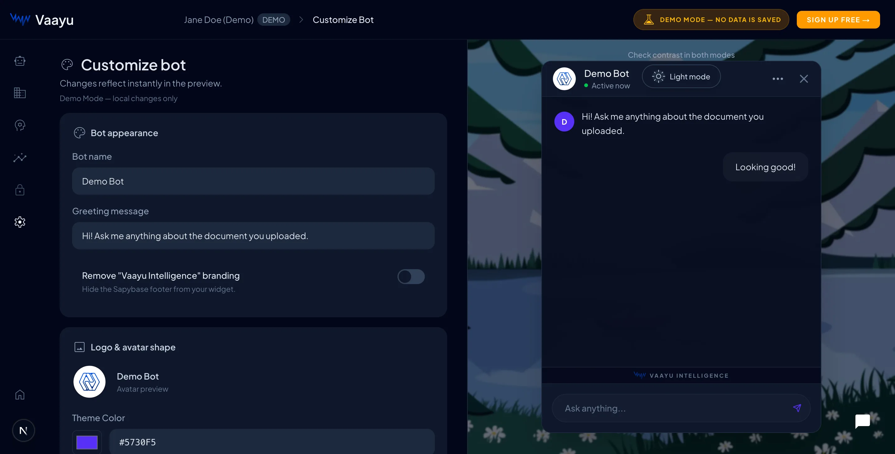 The Customize Bot screen with appearance controls and a live chat preview