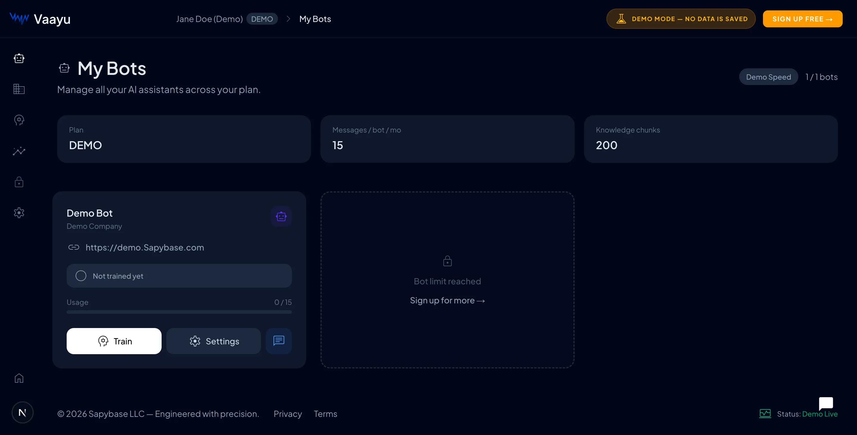 The My Bots dashboard showing a bot card with usage and quick actions
