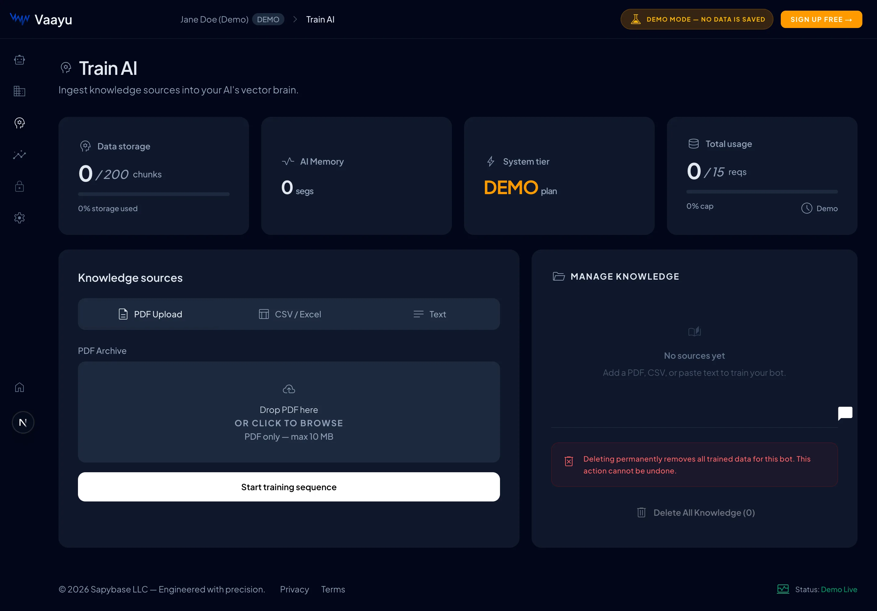 The Train AI screen showing PDF, CSV and Text upload tabs and a knowledge manager